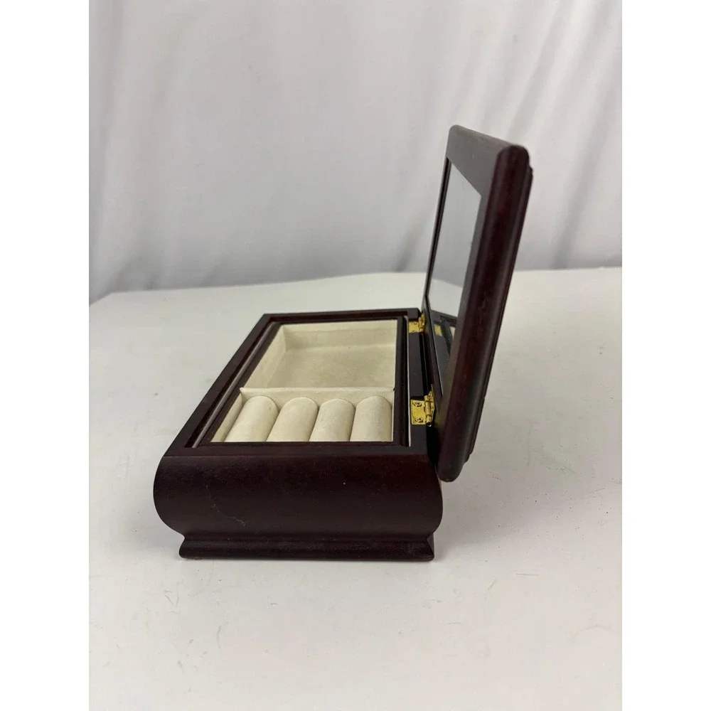 Vintage Wooden Jewelry Box Floral Tapestry Top Mirror‎ Vanity Keepsake Box